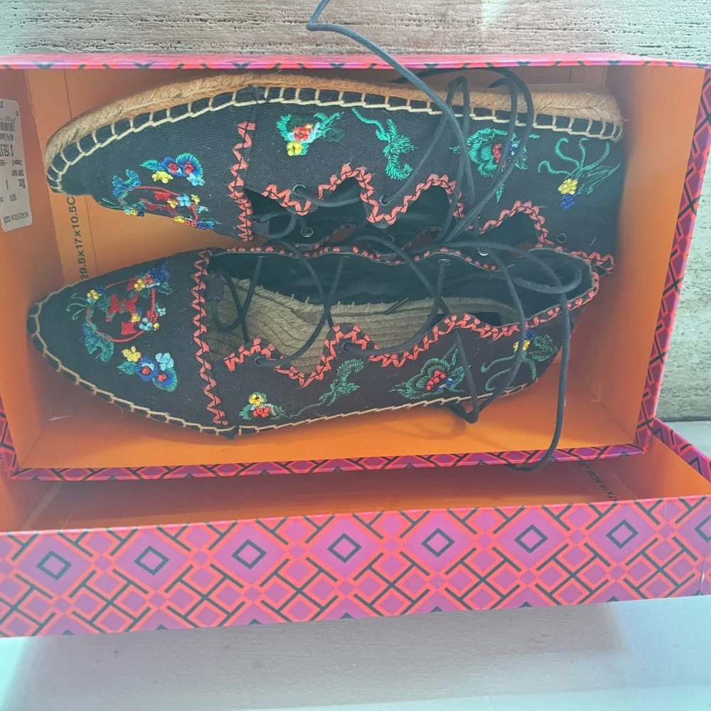 Tory Burch Black Embroidered Lace-Up Espadrilles with Multicolor Floral Accents
